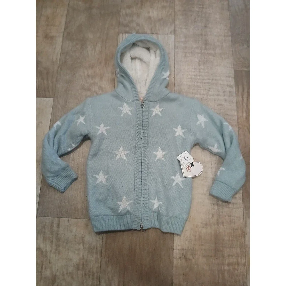 Sweet Stories Girls Knit Blue Star Hoodie Sweater Jacket Full Zip Size 7/8 Small